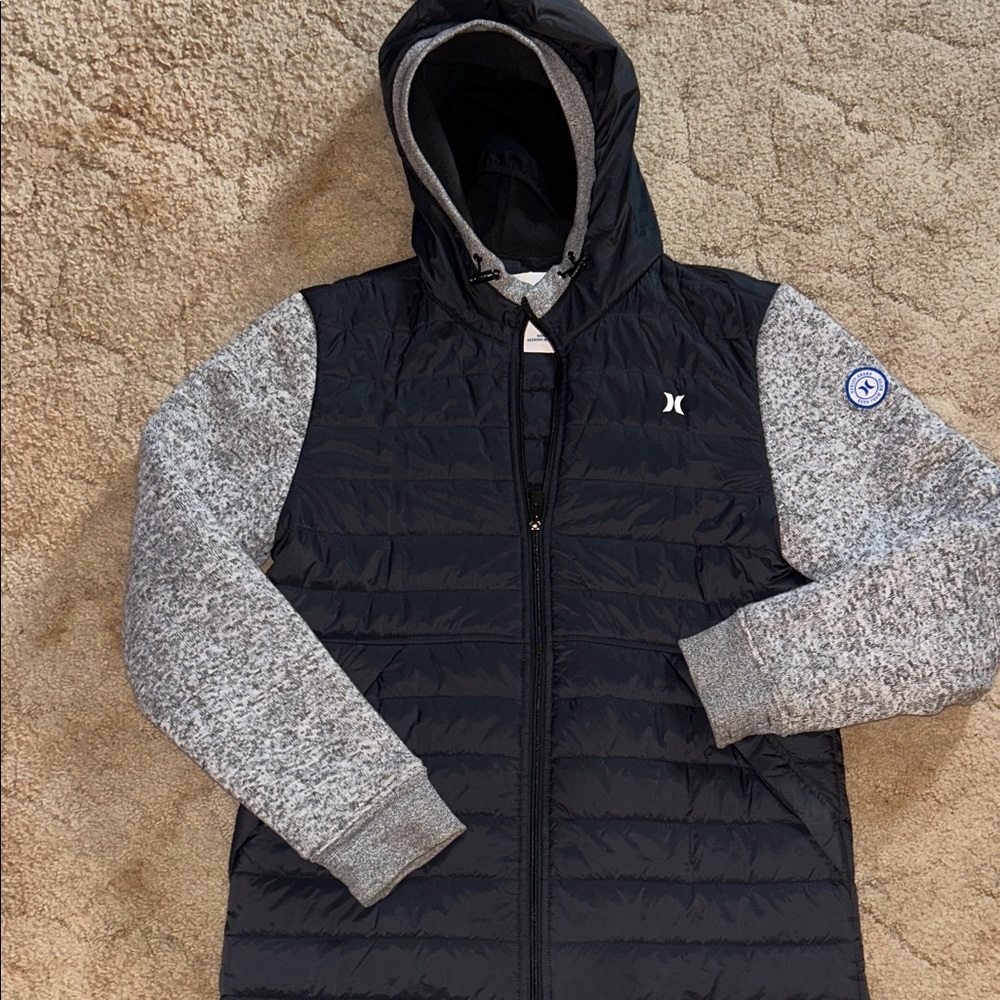 Hurley Quilted Hooded Jacket with Gray Knit Sleeves